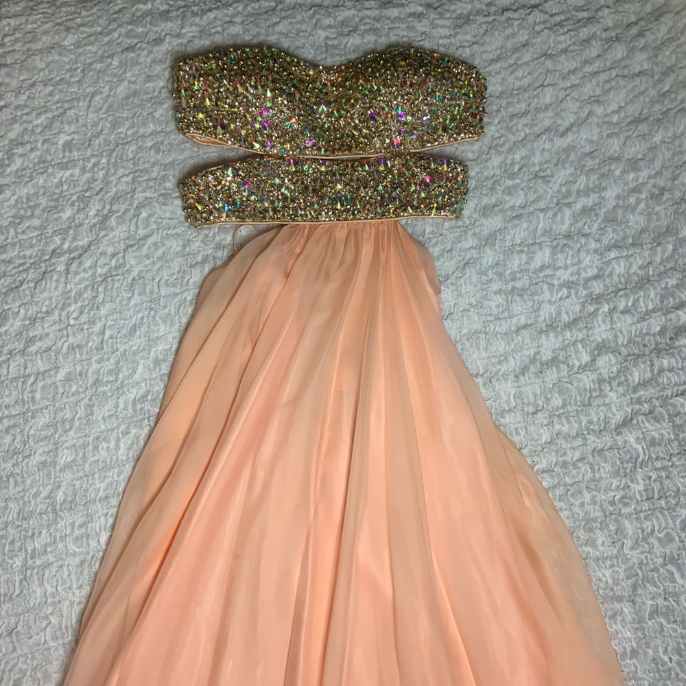 Bedazzled apricot and gold prom dress